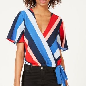Poly & Ester striped wrap top